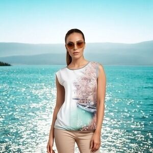 Orsay Women's Gray Satin Lake Boat Print Blouse M Short Sleeve Crew Neck Good